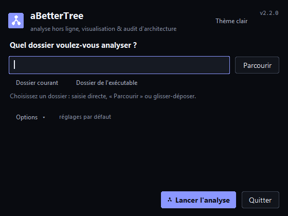 Écran d'accueil d'aBetterTree : choix du dossier, dossiers récents, options et bouton Lancer l'analyse