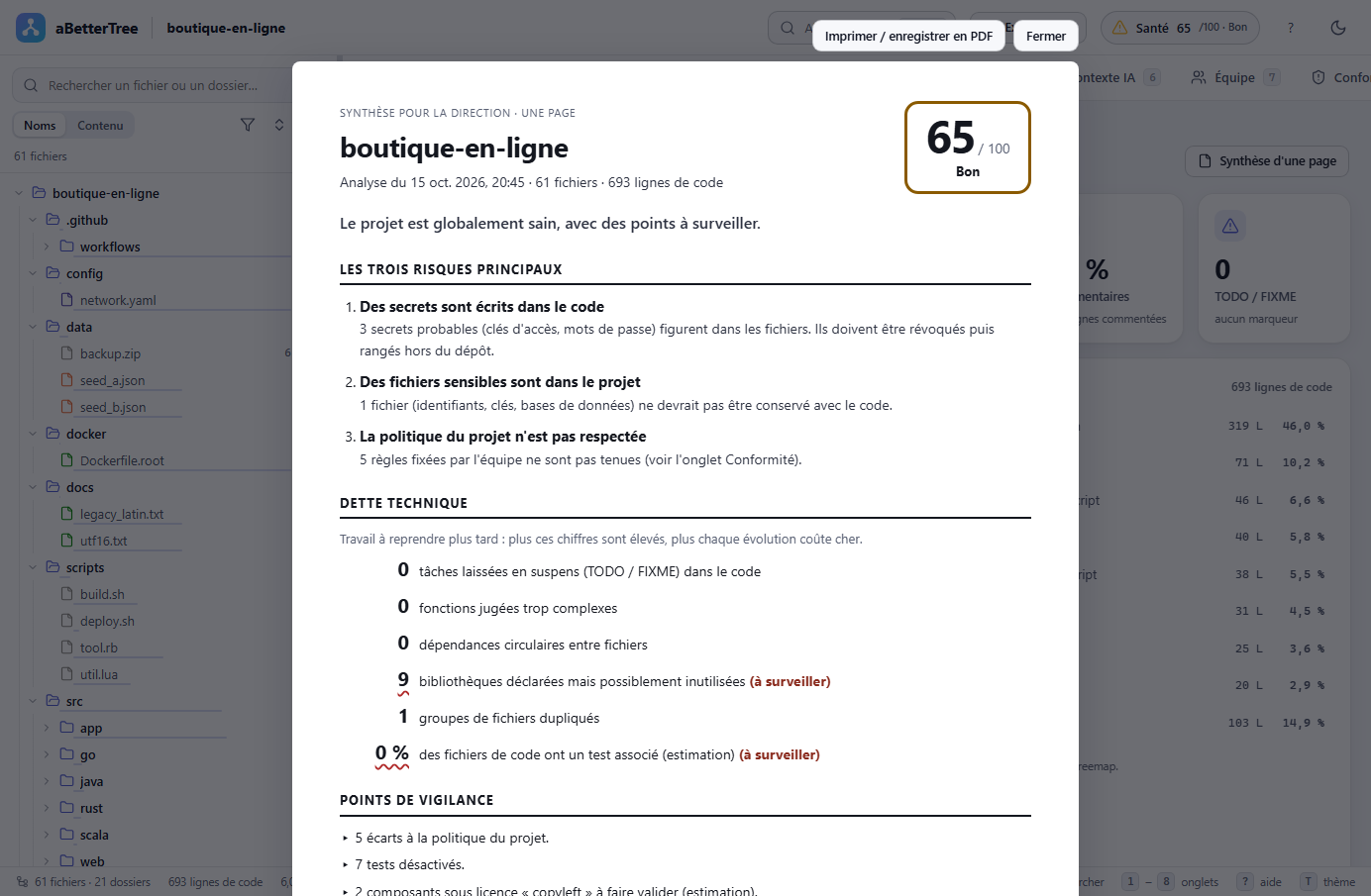 Synthèse d'une page d'aBetterTree : score sur 100, les trois risques principaux et la dette technique chiffrée