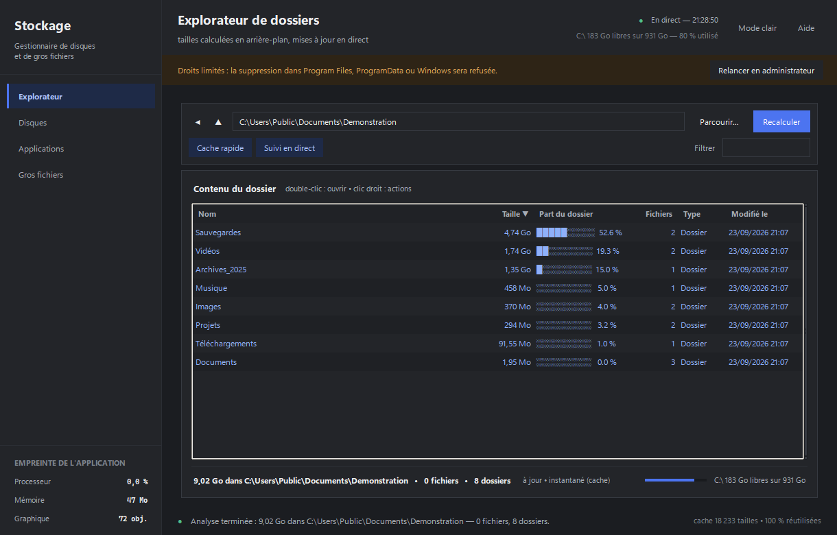 Explorateur de dossiers de StorageManager en thème sombre