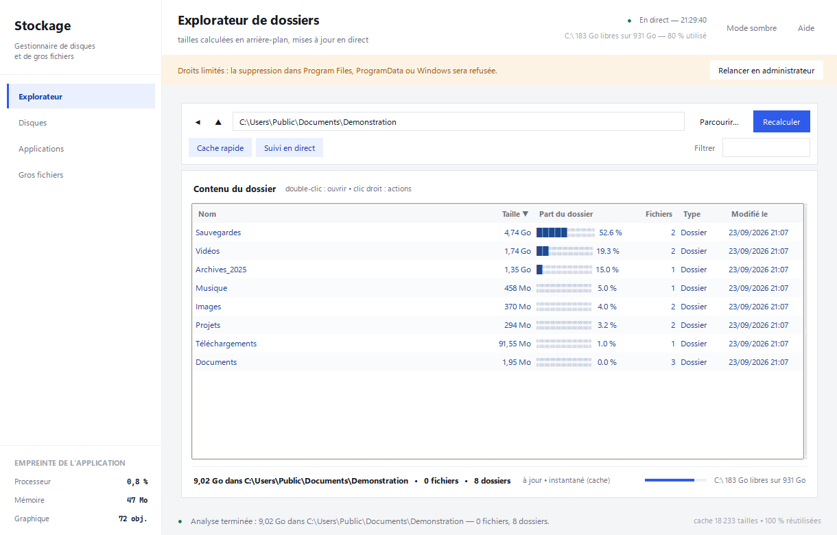 StorageManager affiche les dossiers triés par taille, avec leur part du dossier