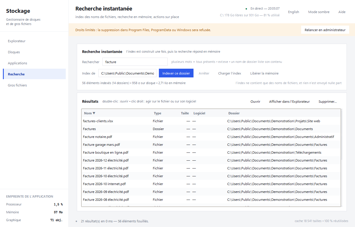 Résultats de la recherche de fichiers dans StorageManager