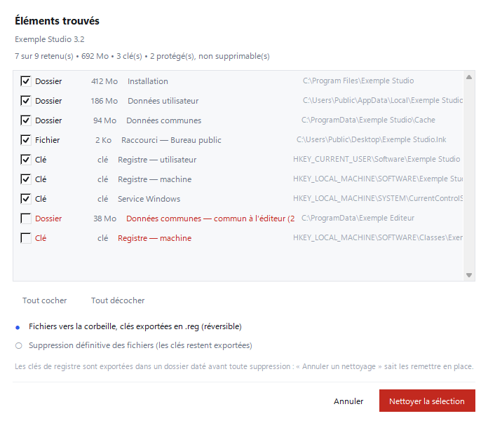 Revue des restes d'une application fictive avant désinstallation