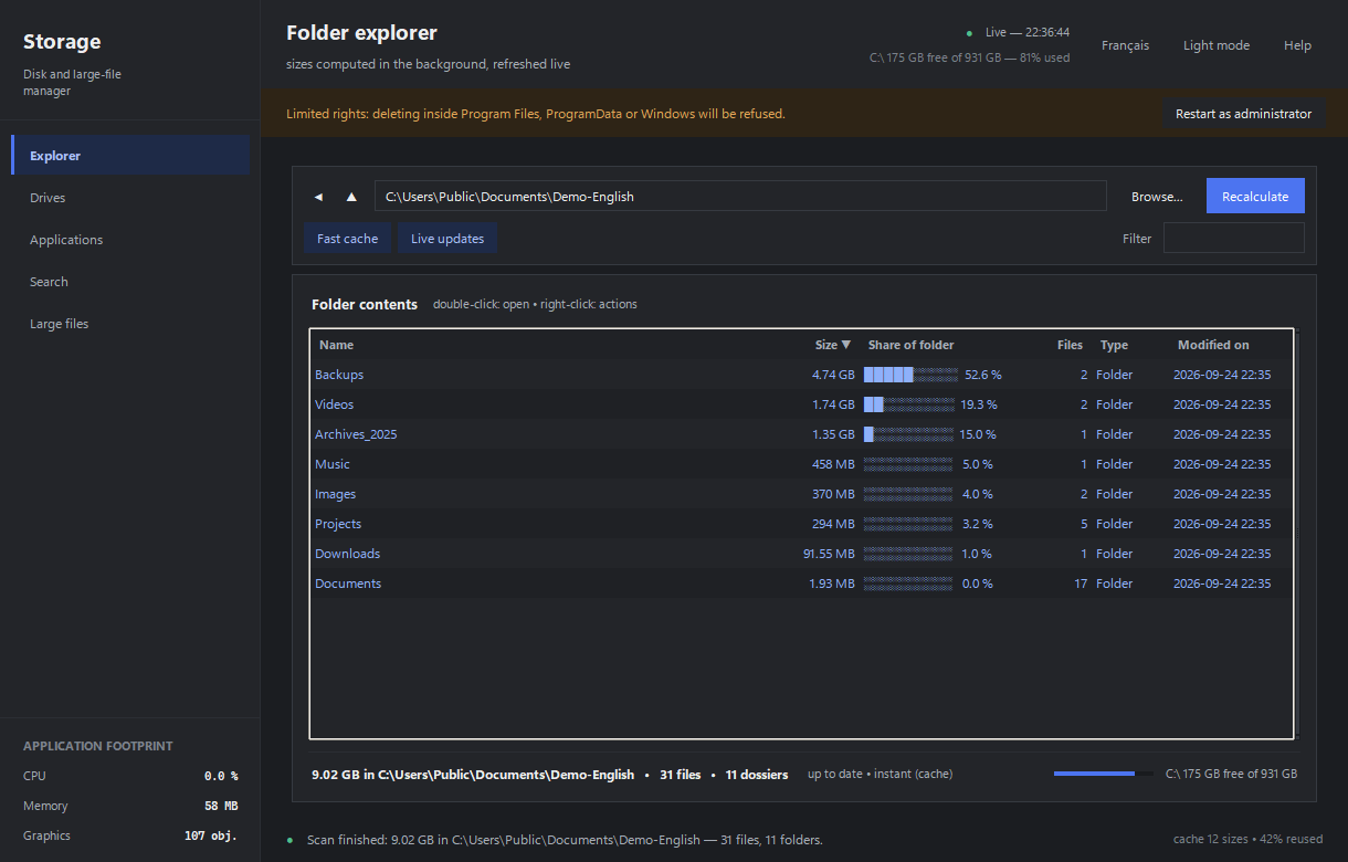 StorageManager folder explorer in dark mode with English labels