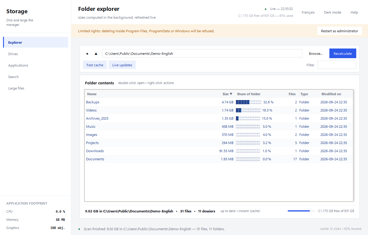 StorageManager in English, showing folders sorted by size and their share of the parent folder