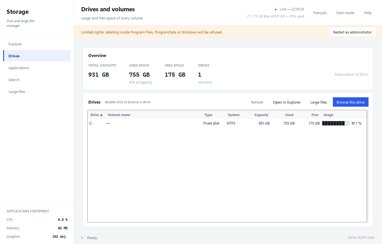 Drives and their free space in the English interface