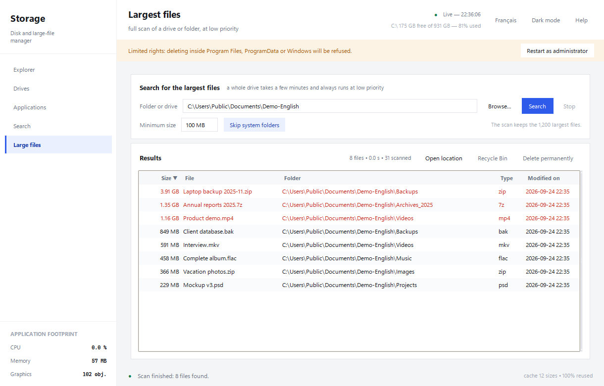 Large files listed with their size and location in the English interface