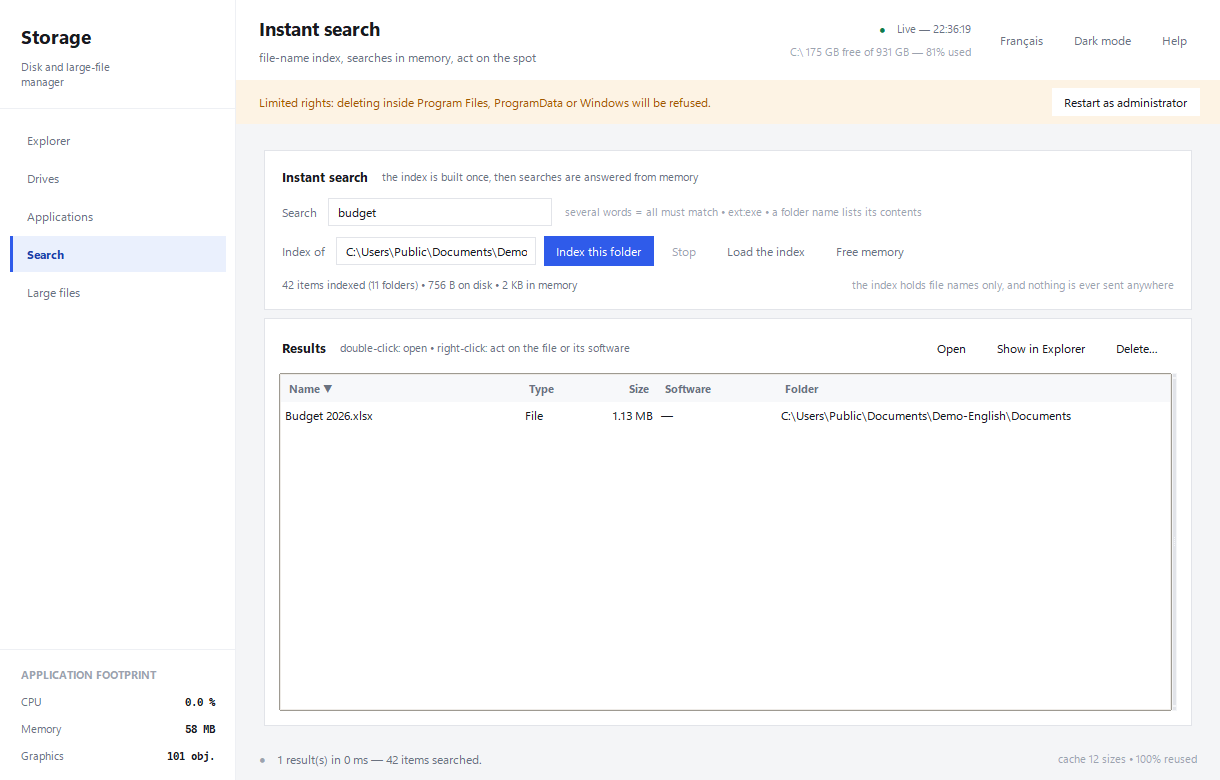 File search results in the English interface