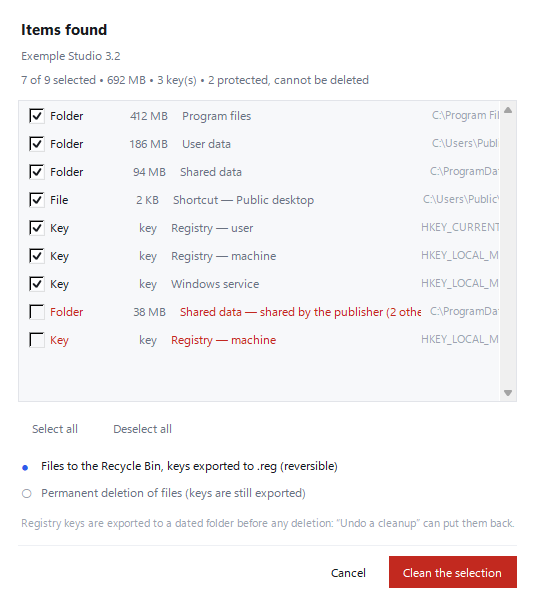Review of a fictional application's leftovers before removal in the English interface