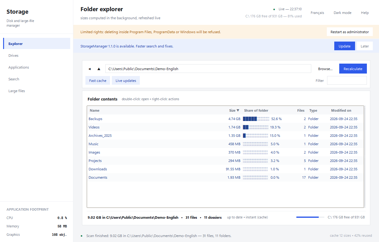 Example update notice in the English interface